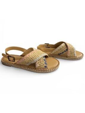 Coldwater Creek Walk With Me Sandals 8 Flat Raffia Woven Tan Pink Blue Slide Adj